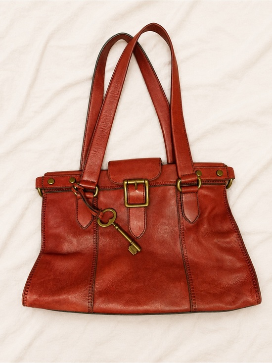 Fossil Handbags - Fossil Classic Red Leather Tote Shoulder Bag with Brass Key Charm